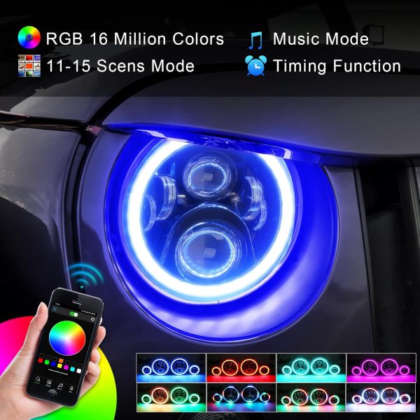 SUPAREE Round RGB 7 Inch LED Headlight Fog Lights with Amber Turn Signal, DOT Approved RGB Halo Light Compatible with Jeep Wrangler Head Light JK JKU TJ LJ 1997-2017-2