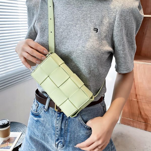 Mini Woven Crossbody Bag for Women, Square Shoulder Handbag Leather Clutch Purse Cute Fanny Packs with Adjustable Belt minio