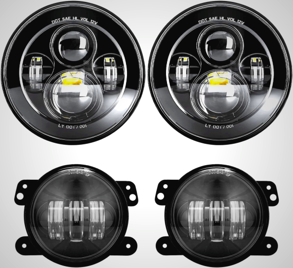 LX-LIGHT DOT Approved 7'' Black LED Headlights + 4 '' LED Fog Lights Compatible with Jeep Wrangler 97-2017 JK TJ LJ