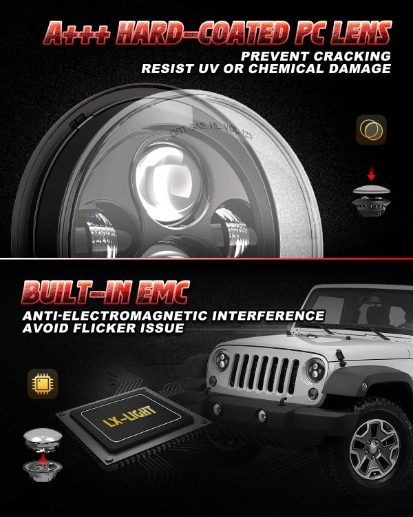 LX-LIGHT DOT Approved 7'' Black LED Headlights + 4 '' LED Fog Lights Compatible with Jeep Wrangler 97-2017 JK TJ LJ-3