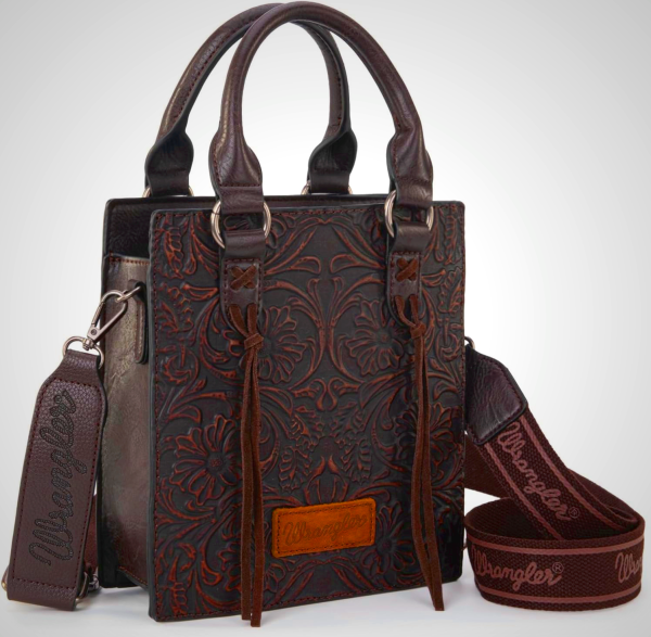 Wrangler Embossed Crossbody Purse for Women Top Handle Fringe Handbags and Western Mini Tote
