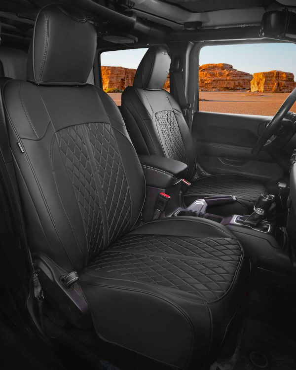 for Jeep Wrangler Seat Covers 4Door JL 2018 2019 2020 2021 2022 2023 2024 2025 2026, Custom Fit Car Seat Cover Full Set, Luxury Waterproof Leather Seat Protectors, Black, W/O Rear Cup Holder
