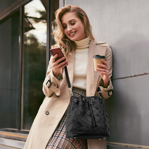 Kattee Woven Leather Bucket Bags for Women, Drawstring Crossbody Hobo Purses and Shoulder Handbags with 2 Straps bucket sort
