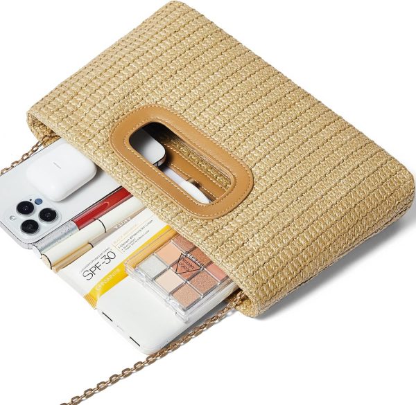 Top Handle Straw Clutch for Women, Raffia Woven Shoulder Crossbody Evening Handbag with Gold Chain-3