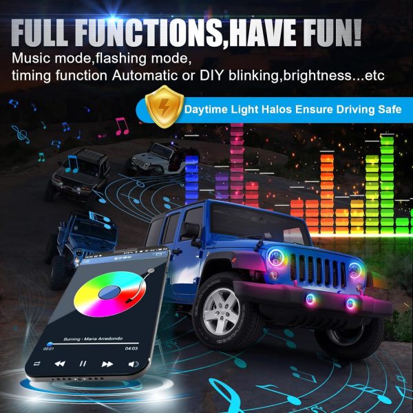 SUPAREE Round RGB 7 Inch LED Headlight Fog Lights with Amber Turn Signal, DOT Approved RGB Halo Light Compatible with Jeep Wrangler Head Light JK JKU TJ LJ 1997-2017-3