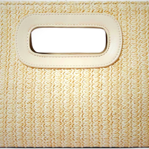 Top Handle Straw Clutch for Women, Raffia Woven Shoulder Crossbody Evening Handbag with Gold Chain