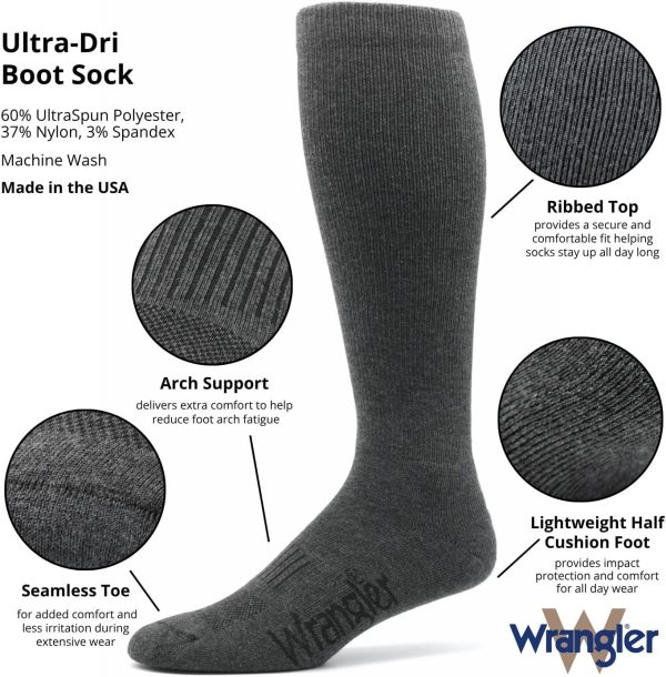 Wrangler Mens Ultra Dri Seamless Toe Western Boot Socks 3 Pair Pack-1
