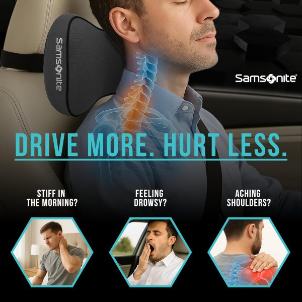 Samsonite Car Neck Pillow – Soft Gel Memory Foam Headrest Cushion for Driving, Ergonomic Design with Adjustable Strap, Breathable & Removable Cover, Provides Neck Pain Relief, Black. carmax