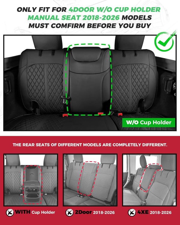 for Jeep Wrangler Seat Covers 4Door JL 2018 2019 2020 2021 2022 2023 2024 2025 2026, Custom Fit Car Seat Cover Full Set, Luxury Waterproof Leather Seat Protectors, Black, W/O Rear Cup Holder wrangler 13mwz