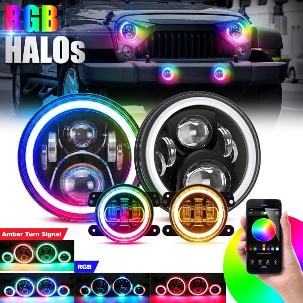 SUPAREE Round RGB 7 Inch LED Headlight Fog Lights with Amber Turn Signal, DOT Approved RGB Halo Light Compatible with Jeep Wrangler Head Light JK JKU TJ LJ 1997-2017-1