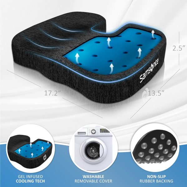 Samsonite Gel Infused Seat Cushion – Ergonomic Cushion for Office Chair, Tailbone Pressure Pad, Coccyx Support for Sciatica, Memory Foam Seat for Car, Desk, or Gaming Chair Use, Black-4