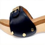 Dr Scholls Womens Navy Blue Leather Slide Sandals Wood Midsole