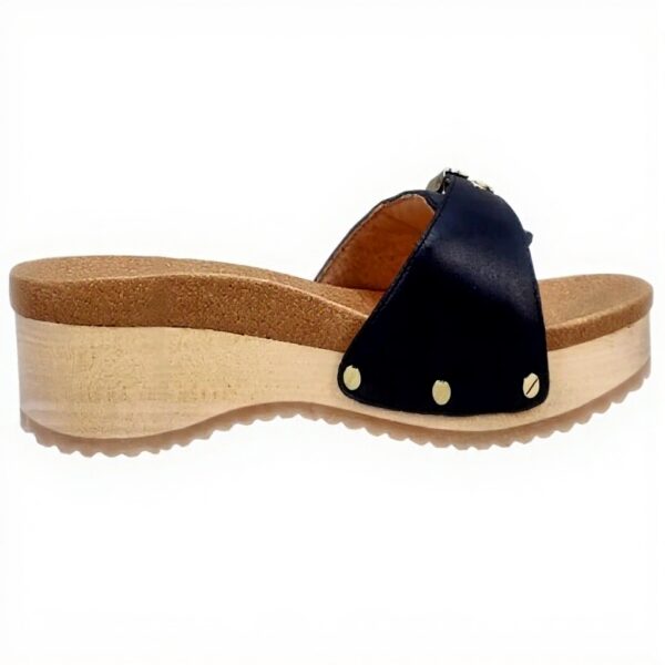 Dr Scholls Womens Navy Blue Leather Slide Sandals Wood Midsole