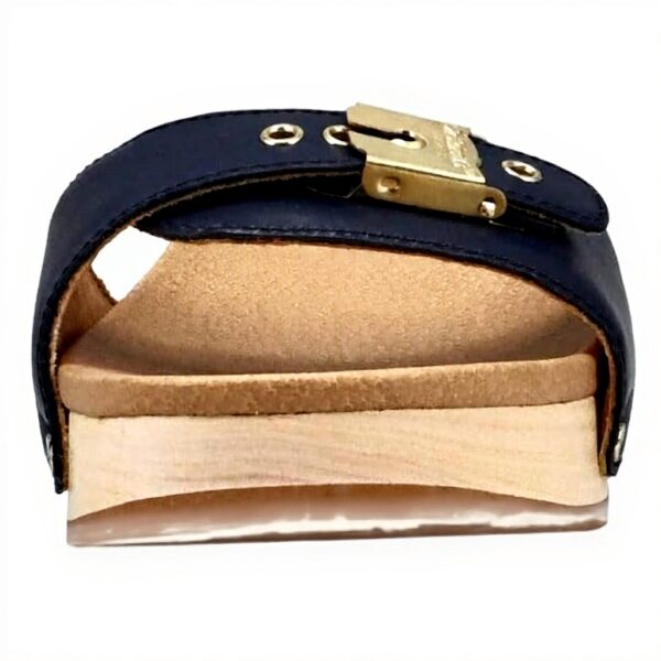 Dr Scholls Womens Navy Blue Leather Slide Sandals Wood Midsole