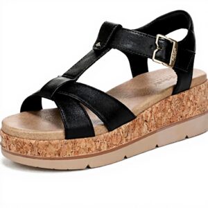 Dr Scholls Women Sandals Black Faux Leather Wedge Heel